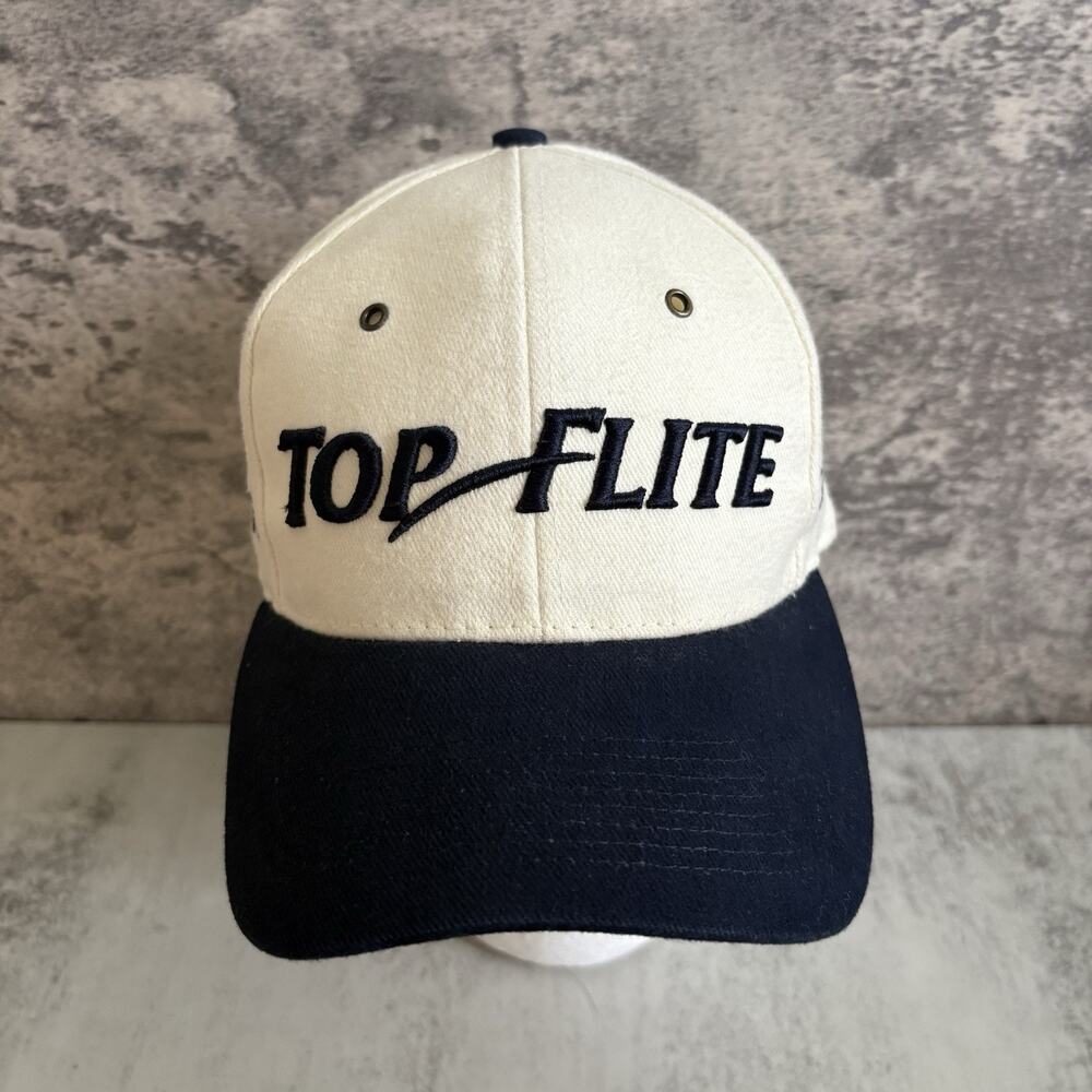 VTG Top Flite Strapback Hat Navy Blue Cream Adjustable Golf Cap Cream RARE
